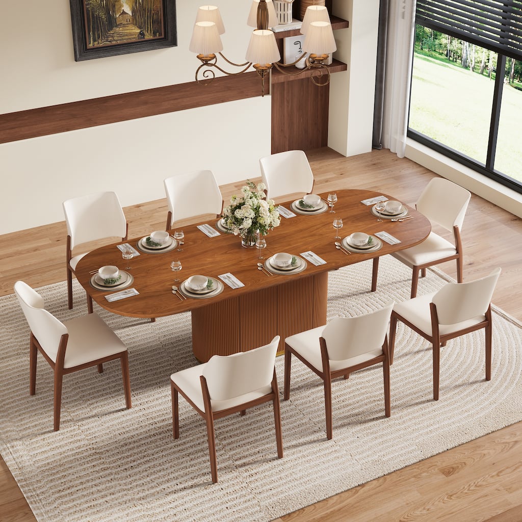 86.8" Oval Mid-Century Modern Dining Table (Seats 8-10), Brown Solid Wood Veneer Kitchen Table with Built-in Storage