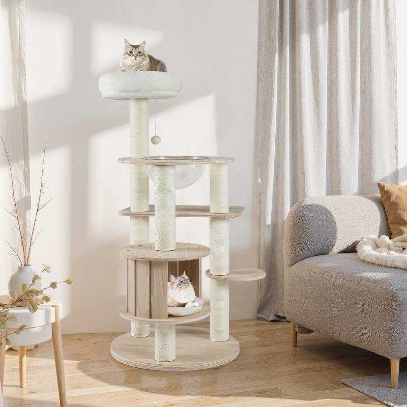 Natural Wooden Cat Tree Tower with Condo Perch Space Capsule and Scratching Posts 52 Inch