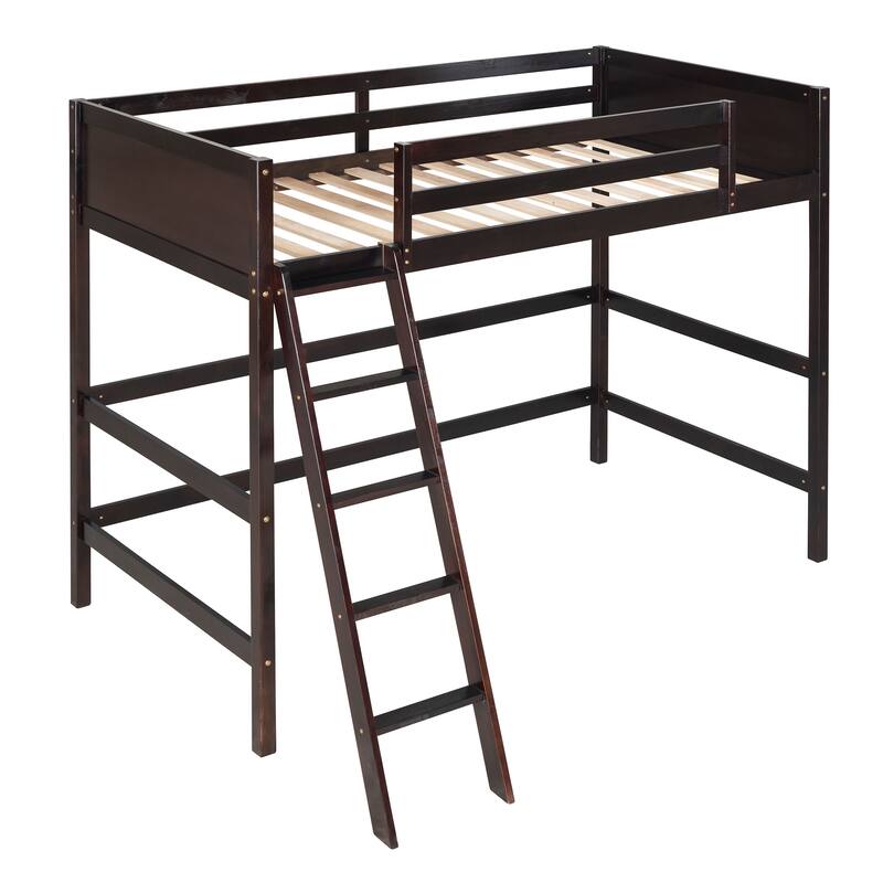 Twin Size Solid Wood Loft Bed with Ladder in Espresso Finish