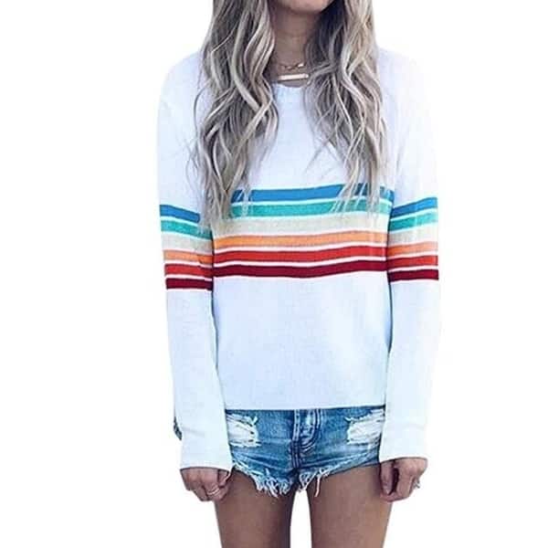 ETCYY Womens Rainbow Striped Color Block Boho Crew Neck Long Sleeve Pullover Sweater Tunic Tops