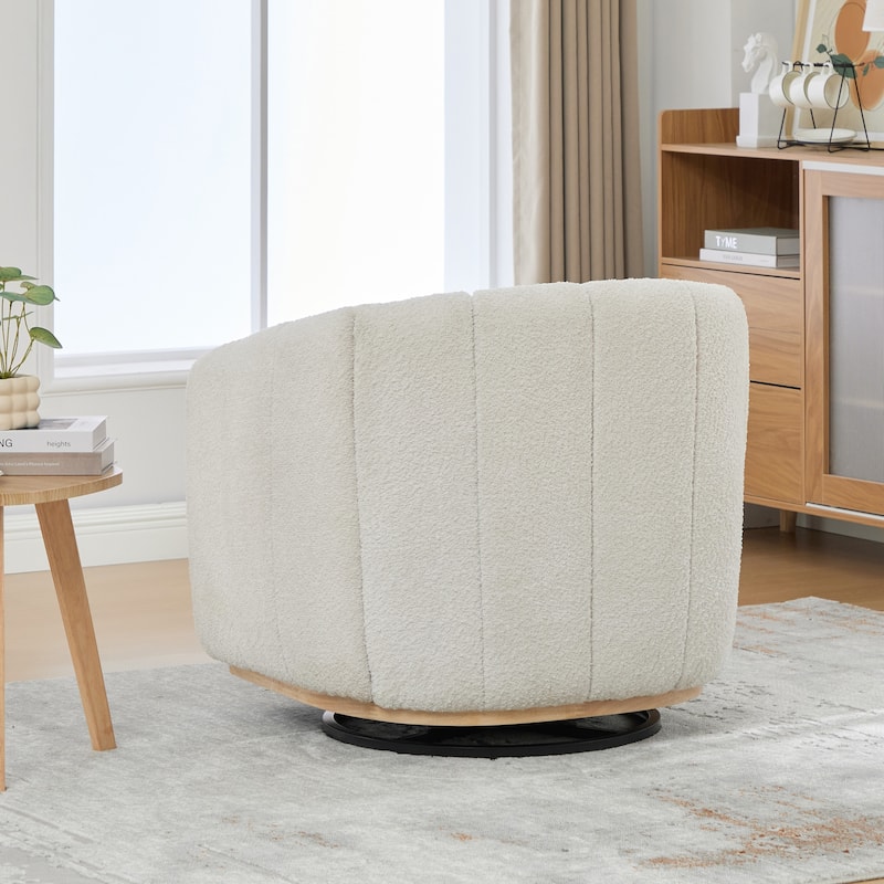 Chenille Upholstered Swivel Barrel Chair, Tufted Pumpkin-Shape Club Armchair, Lounge Reading Chair with Metal Base