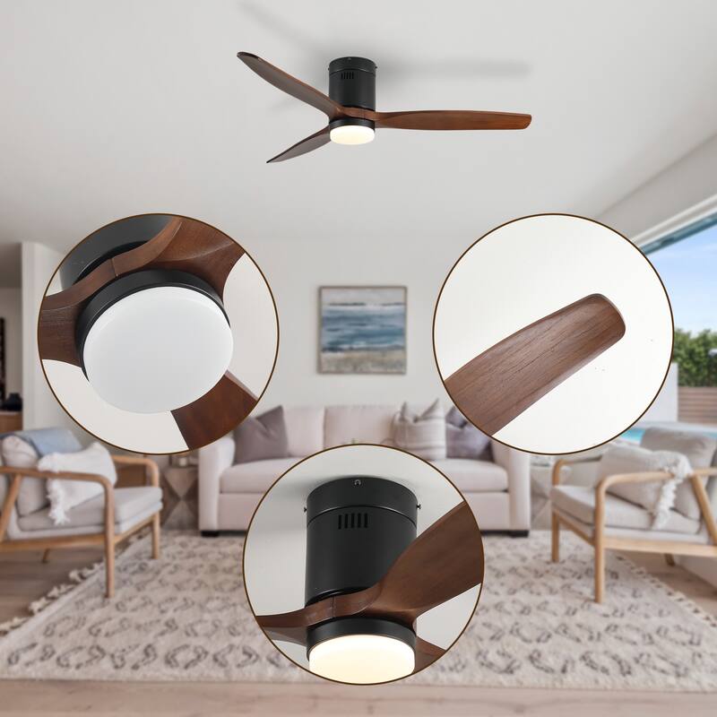52 Inch Ceiling Fan with Light, 3 Dark Walnut Solid Wood Blades,Remote Control,6-speed Reversible DC Motor - Black + Dark Walnut
