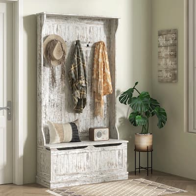 Entryway Bench with Coat Rack & Shoe Storage