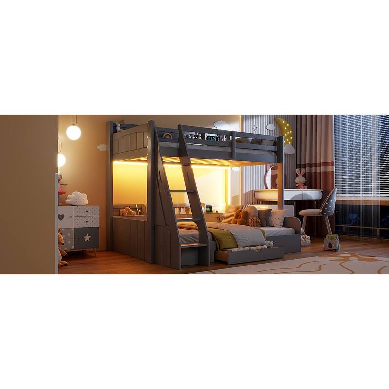 Roomfitters Twin Over Full Bunk Bed with Storage Shelves, LED and Charging Station
