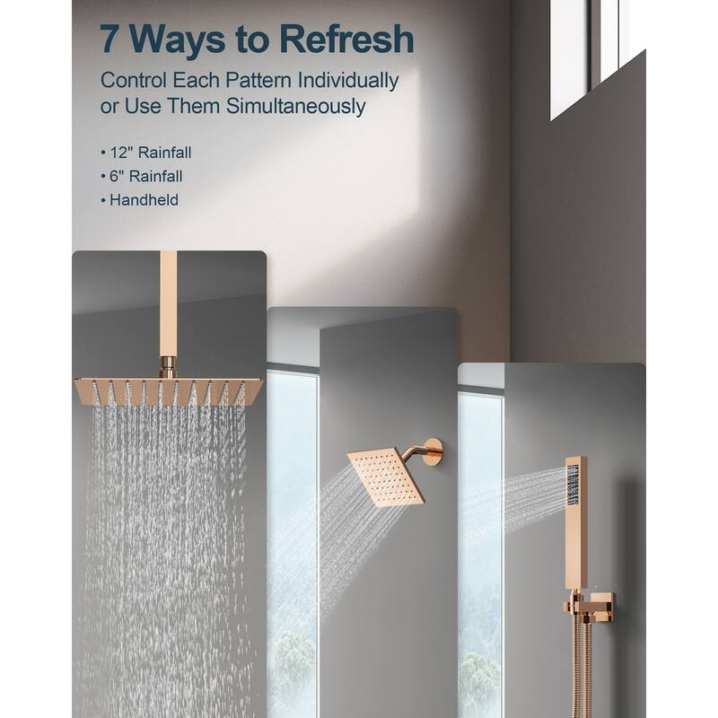 GRANDJOY Dual Shower Heads System 12" & 6" Rainfall Shower Head with Handheld Sprayer
