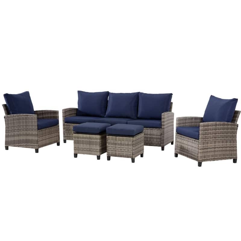 5pcs Wicker Patio Conversation Set Seating Loveseat Sofa with Ottomans - Gray/Blue