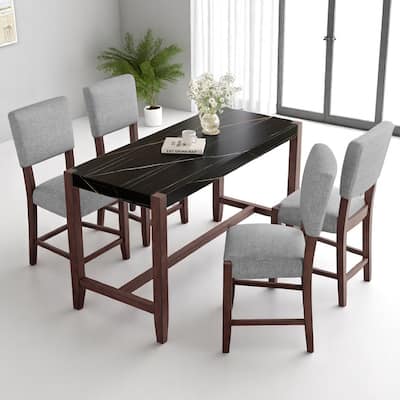 Modern 5-Piece Faux Marble Dining Set, Bar Height Table with 4 Upholstered Chairs, Ideal for Small Spaces