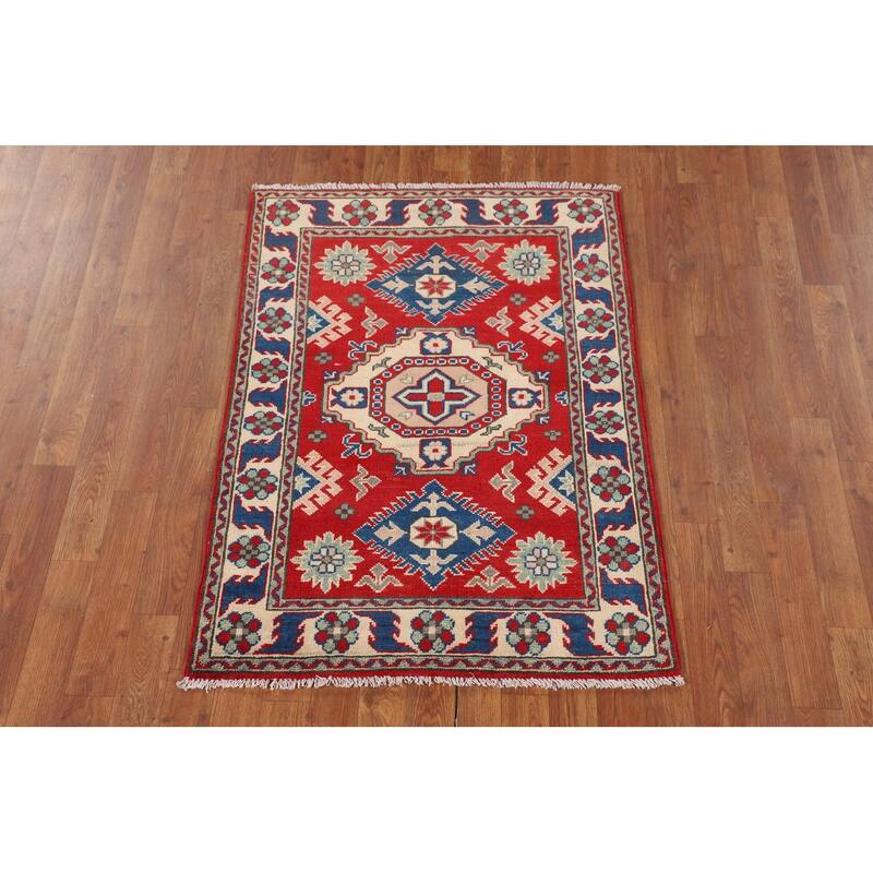 Oriental Kazak Accent Rug Hand-Knotted Geometric Red Wool Carpet - 2'10" x 3'11"