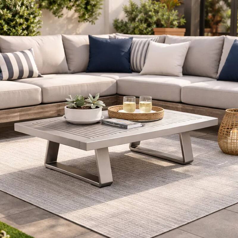 Xia 48 Inch Outdoor Coffee Table, Gray Aluminum Frame, Plank Style Tabletop