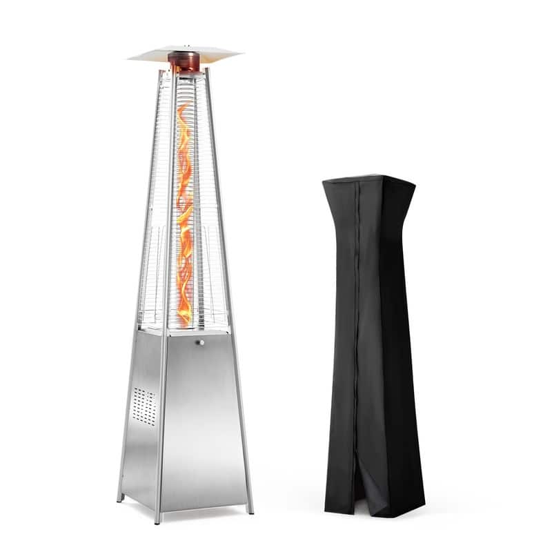 Pamapic 42,000 BTU Outdoor Pyramid Flame Patio Heater with Cover, Wheels - Silver