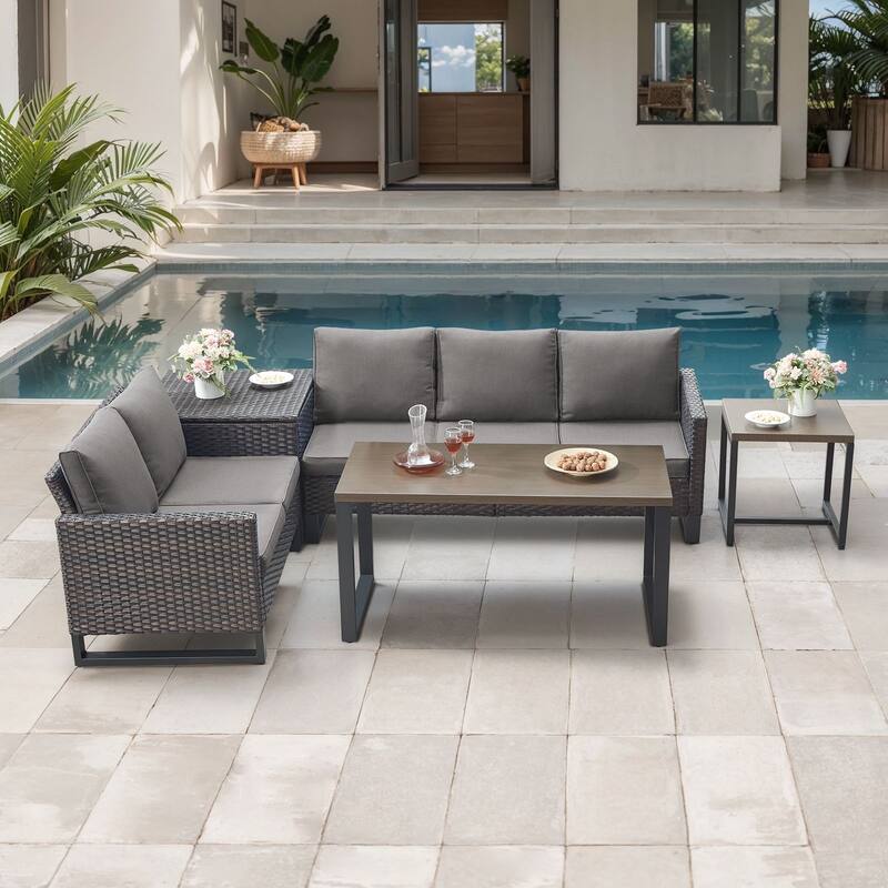 Gymojoy 5 Person All-Weather Wicker Outdoor Conversation Set Seating Group With Side Table And Storage Box - Brown Wicker / Gray Cusion - 5-Piece