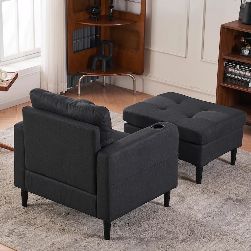 Upholstered Armchair and Storage Ottoman Set with Cup Holders and Tufted Detailing
