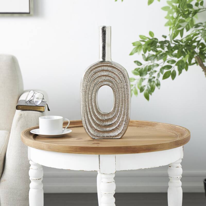 Aluminum Metal Geometric Circular Decorative Vase with Linear Etchings - Gold or Silver - Roche River Decor