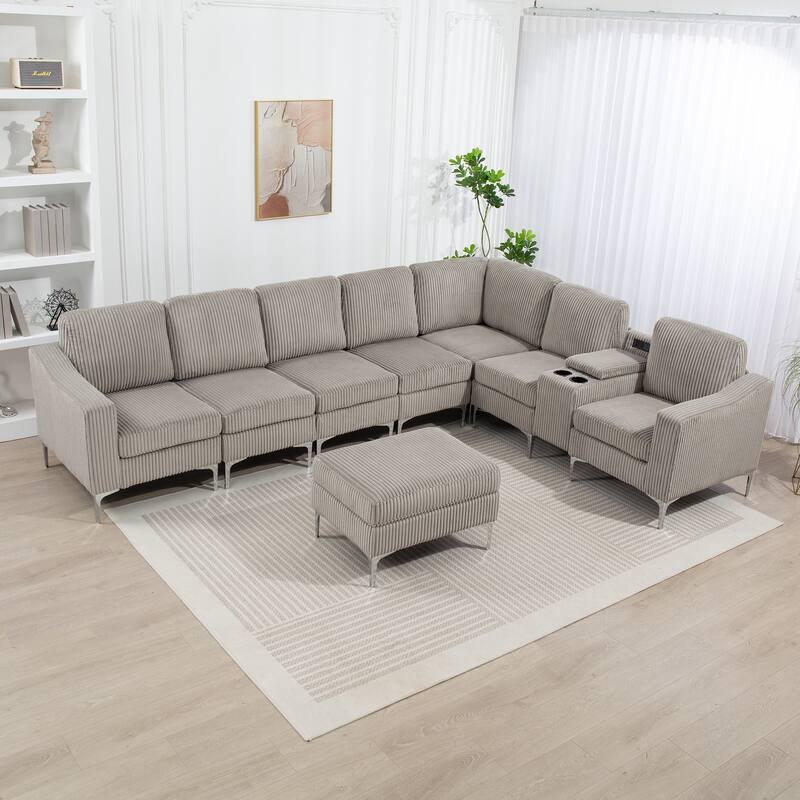 129.14" Corduroy Modular Sectional Sofa with Ottoman