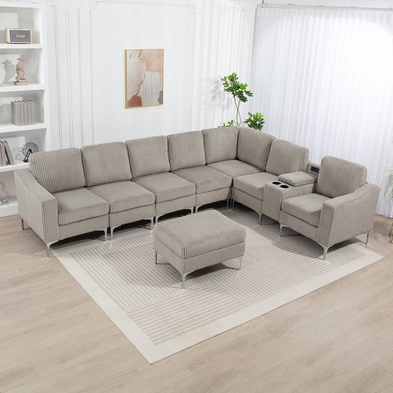 Modern Modular Corduroy Sectional Sofa with USB Ports, Storage Ottoman and Cup Holders for Living Room Apartment