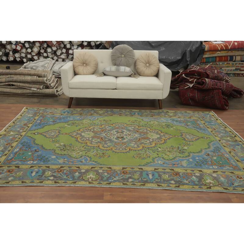 Hand Knotted Oriental 100% Wool Carpet Traditional Floral Green Tabriz Area Rug - 9' 5'' X 6' 5''