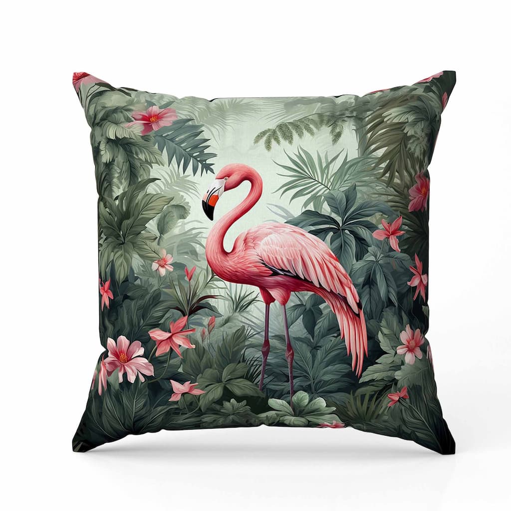Tropical Flamingo Haven Faux Suede Reversible Throw Pillow Green and Pink