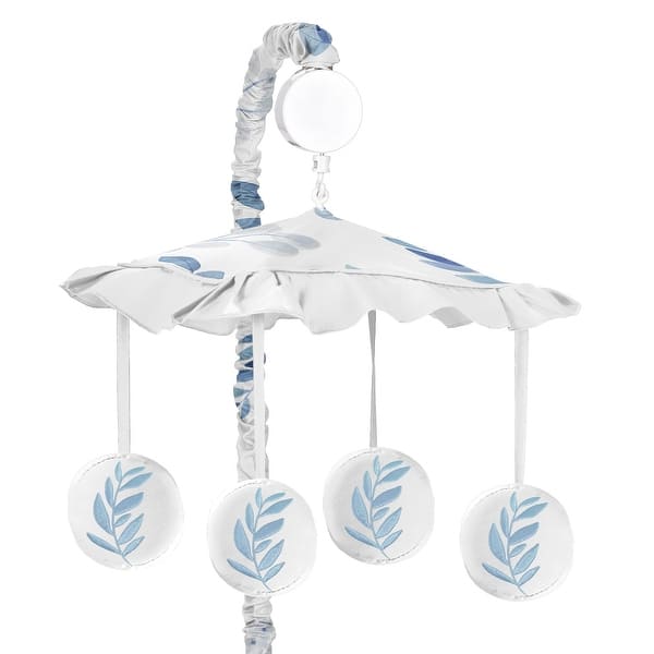 slide 1 of 1, Floral Leaf Collection Boy Girl Musical Crib Mobile - Blue Grey White Boho Watercolor Botanical Flower Woodland Tropical Garden