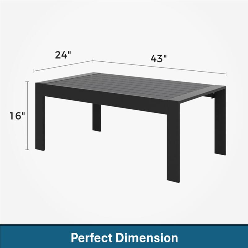 43" Aluminum Patio Coffee Table, Modern Black Rectangle Table