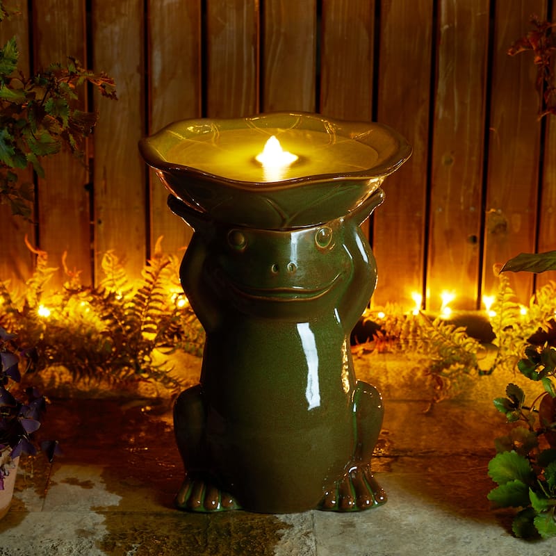 Glitzhome 21.5"H Ceramic Outdoor Floor Fountain Frog Hold a Lotus Birdbath with LED Light