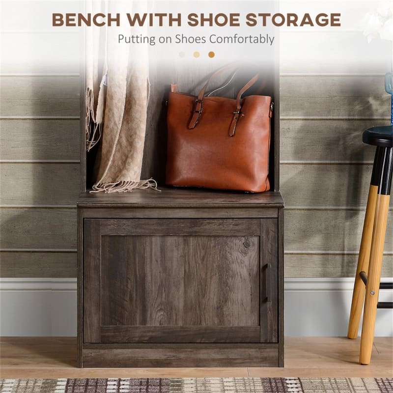 Modern Entryway Hall Tree with Bench Coat Rack Storage Cabinet and Adjustable Shelves - 23.5" W x 15.25" D x 72" H