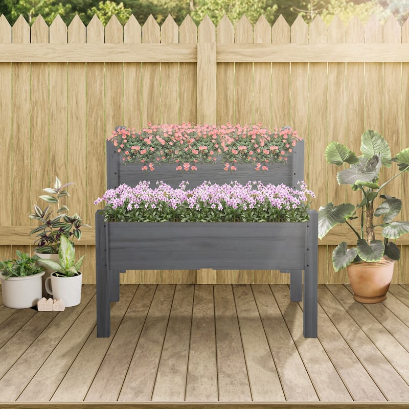 34"x34"x28" Raised Garden Bed, 2-Tier Elevated Wood Box for Backyard, Patio to Grow Vegetables, Herbs, and Flowers, Gray