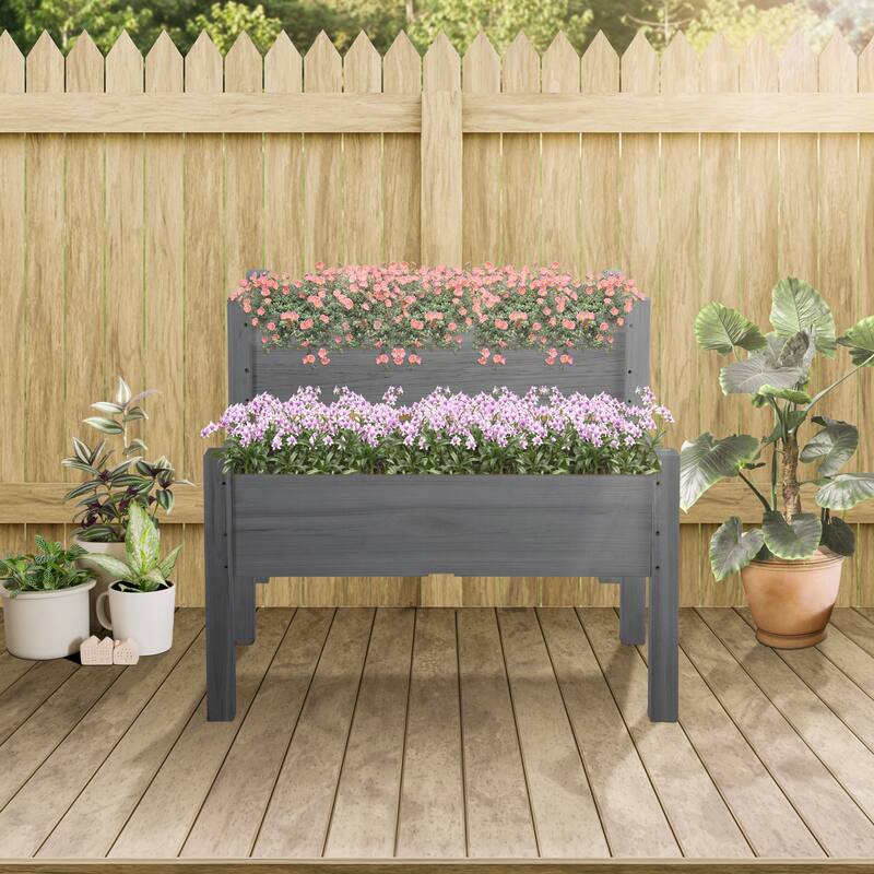 Double-Layer Raised Flower Boxes Wood Planter Box Large Garden Racks with Bottom Drainage Holes for Backyard Patio - Grey