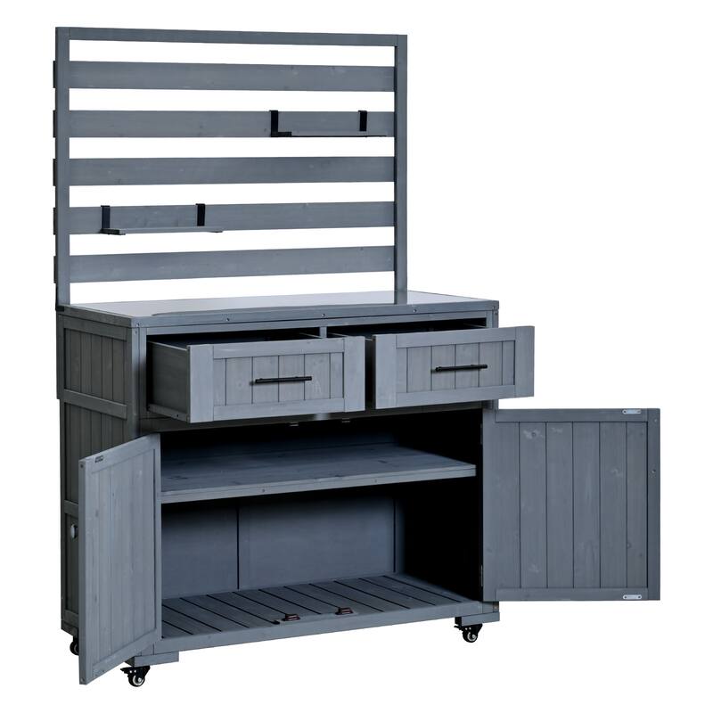 Solid Wood 64.9''Tall Outdoor Kitchen Island Kitchen Cart, Garden Potting Bench with Stainless Table Top for BBQ - Grey