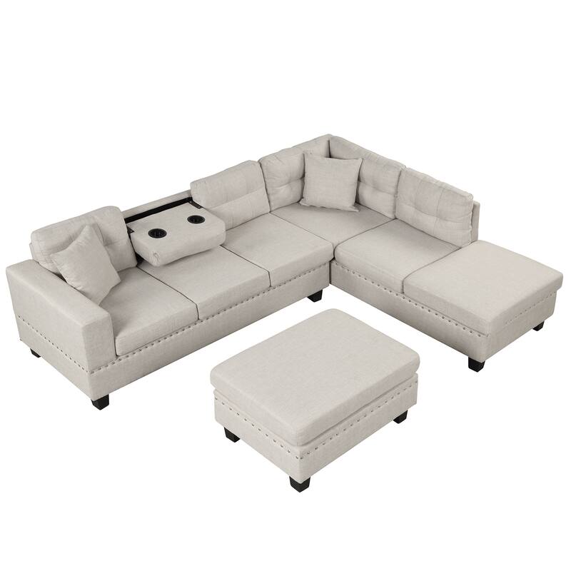 105.1" Velvet L-Shaped Sectional Sofa with Ottoman & Cup Holders