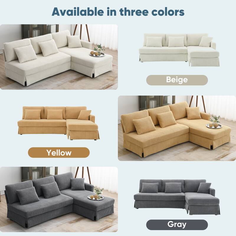 Modern L-Shaped Sofa with Reversible Chaise, 87" Corduroy Upholstered Sectional Sofa with Pillows