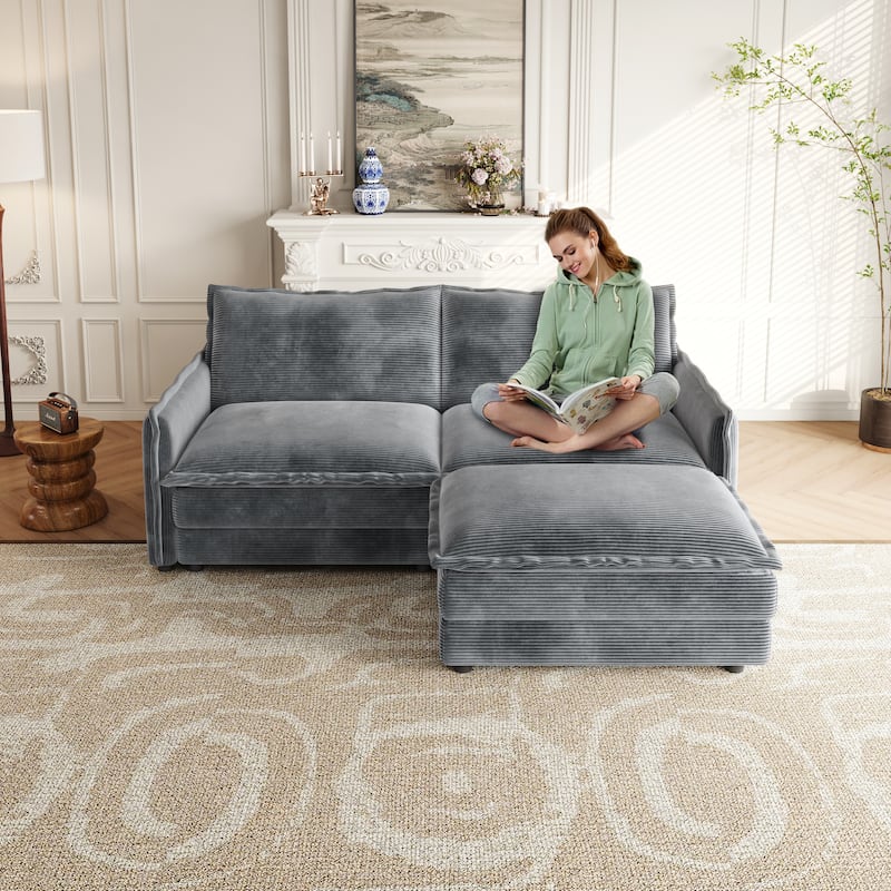 75" Corduroy Sectional Sofa with Ottoman, 2-Seater