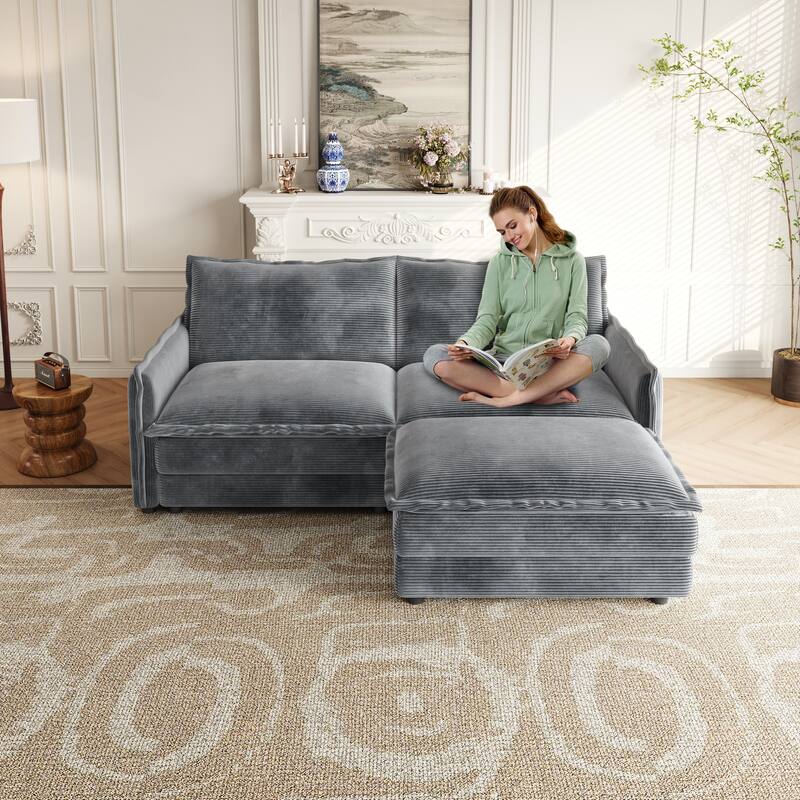 Modern 2 Seater L-Shaped Sectional, Loveseat Sofa Couch with 1 Footrest and Corduroy Upholstery for Living Room or Bedroom