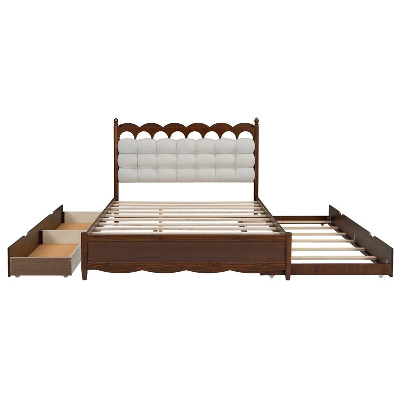 Queen Wooden Storage Platform Bed with Trundle, 2 Drawers, USB Sockets