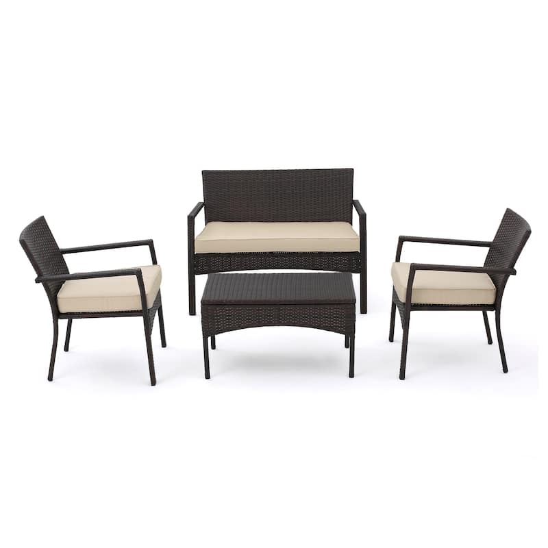 Casie 4pc Outdoor Set, 1 Table 2 Accent Chairs 1 Loveseat, Brown Rattan