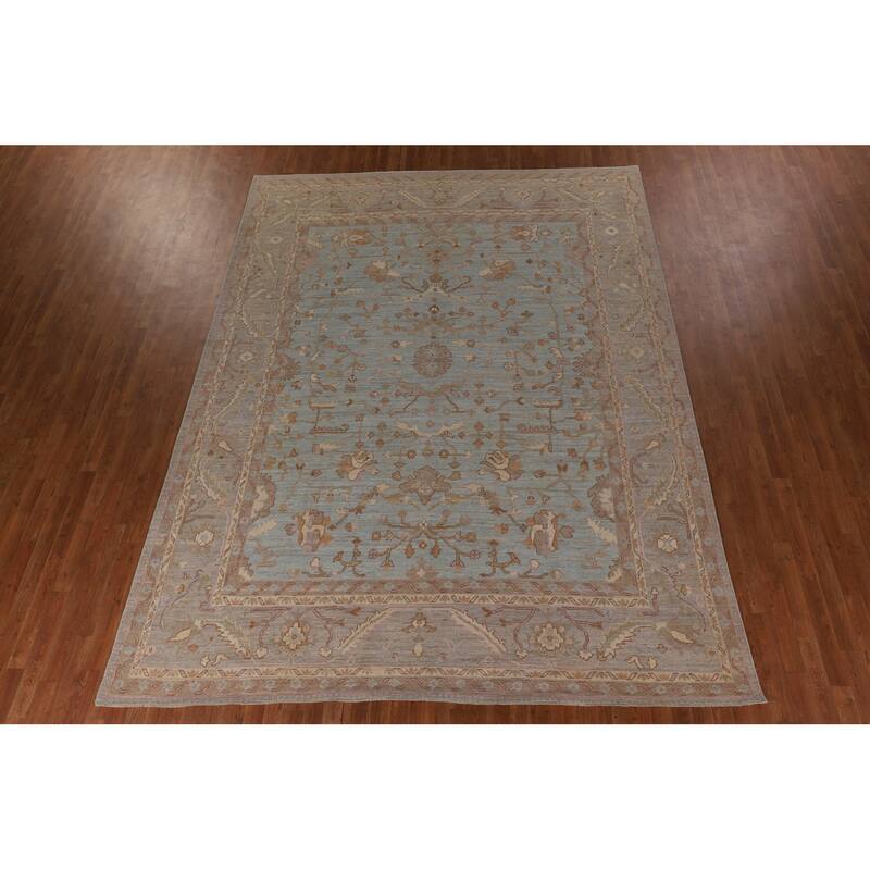 Light Blue Vegetable Dye Oushak Turkish Rug Hand-Knotted Wool Carpet - 9'1" x 11'11"