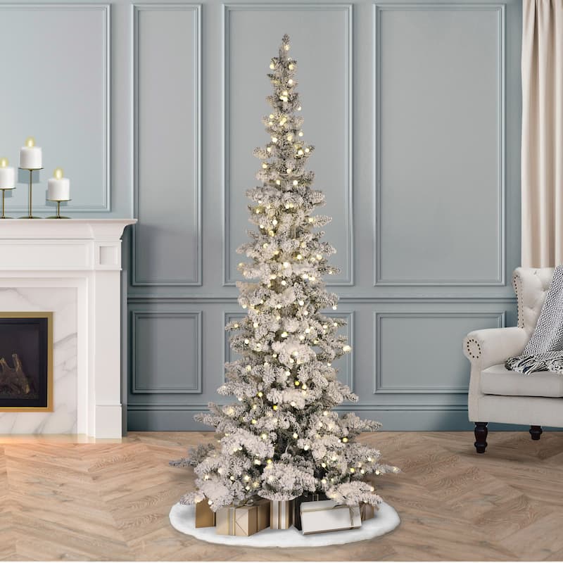 Puleo International 7.5' Pre-Lit Flocked Slim Whistler Pine Christmas Tree - 7.5 - Green