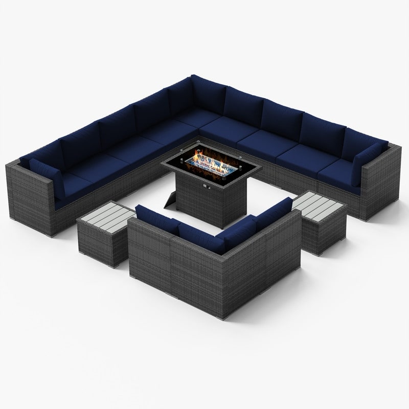 FINCATI 15-Piece Grey Wicker Patio Conversation Set with 43" Fire Pit - Navy Blue