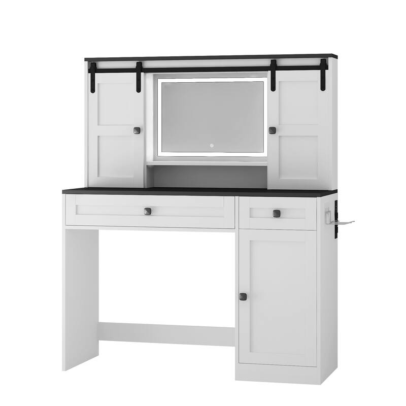 Vanity Desk with Lighted Mirror, Large Dressing Table Set, Makeup Vanity Table with Hair Dryer Holder, Drawer & Open Shelves