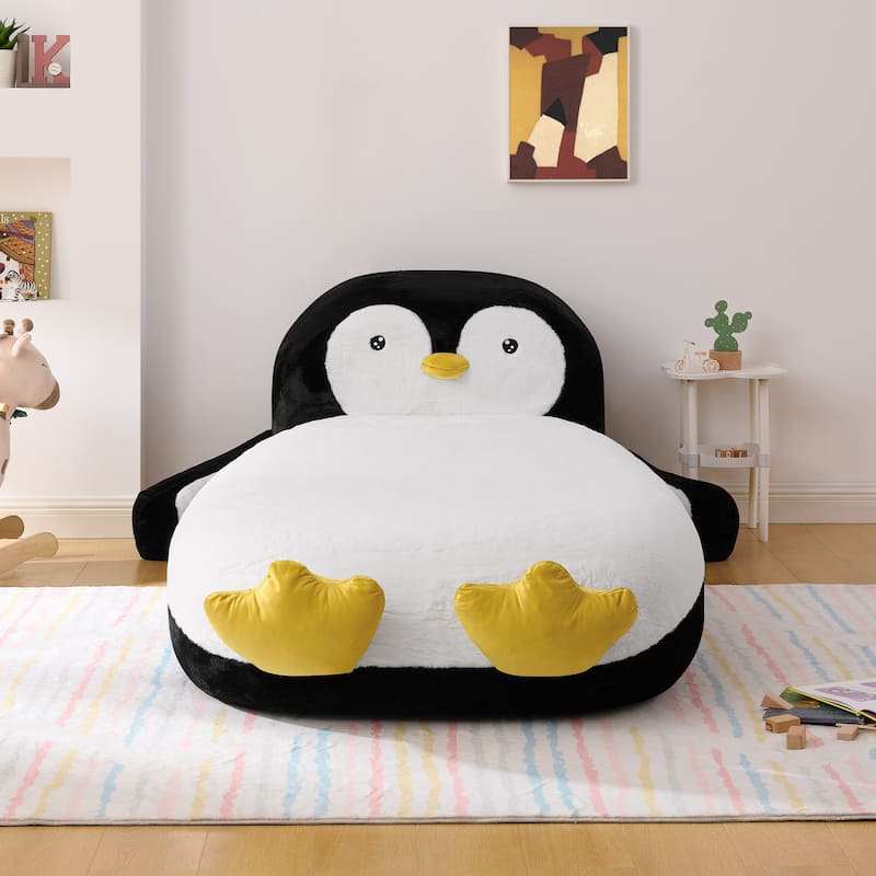 Twin Size Fluffy Faux Fur Penguin Shaped Kids Floor Bed Lounger with Soft Sponge Filling for Playroom