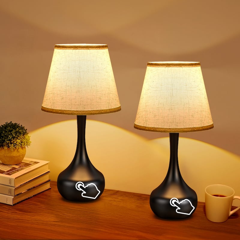 Touch Bedside Lamp Set of 2, Farmhouse 3-Way Dimmable Table Lamps for Nightstand with Fabric Shade (including LED bulbs) - Black