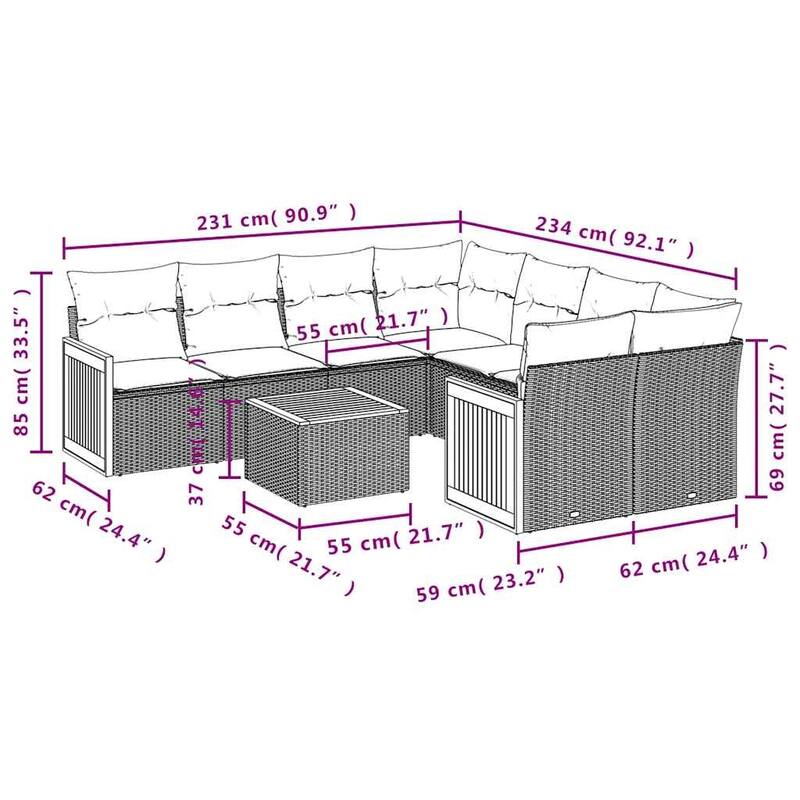 vidaXL 9 Piece Patio Sofa Set with Cushions Gray Poly Rattan - 113.8x27.2x89.8