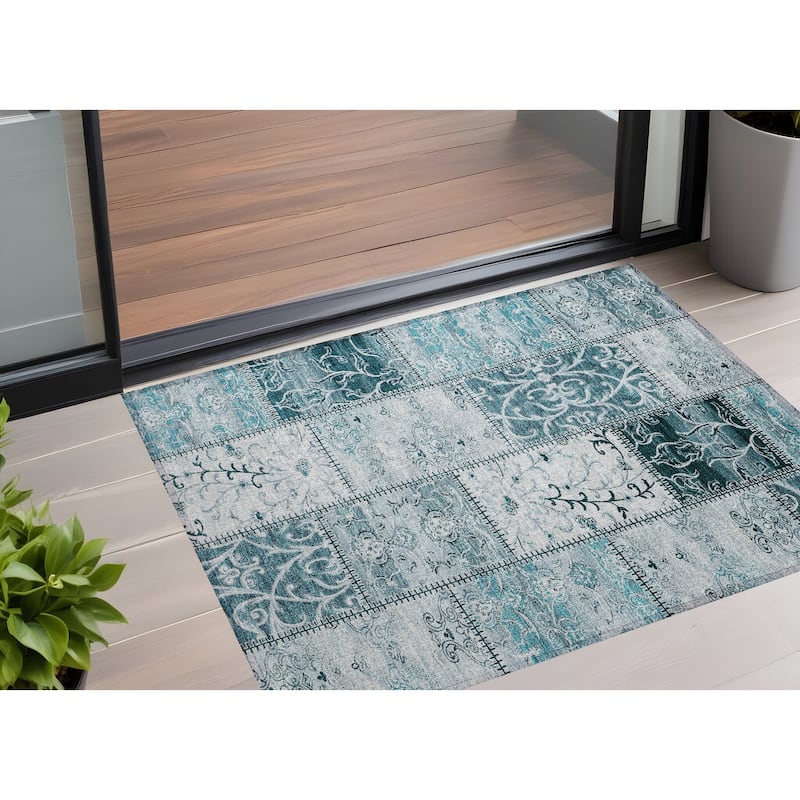 Alfifi Patchwork Weather Resistant Timeless Fusion Round Outdoor Rug - 2' x 3' - Teal