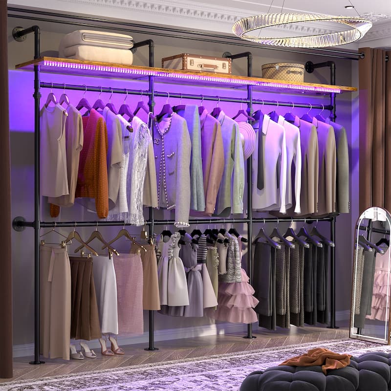 Industrial Pipe Clothing Rack, Reversible 118.3'' Garment Rack with LED Lights& Shelves for Walk-in Closet - Rustic Brown