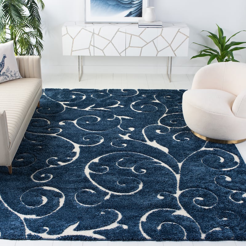 SAFAVIEH Florida Shag Shahin Scroll 1.2-inch Thick Textured Rug - 6' x 9' - Dark Blue/Cream