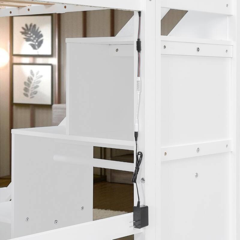 Twin/Full Loft Bed with Desk, 2 Storage Drawers, LED Light Strip, Side Stairs, Study & Space-Saving Design