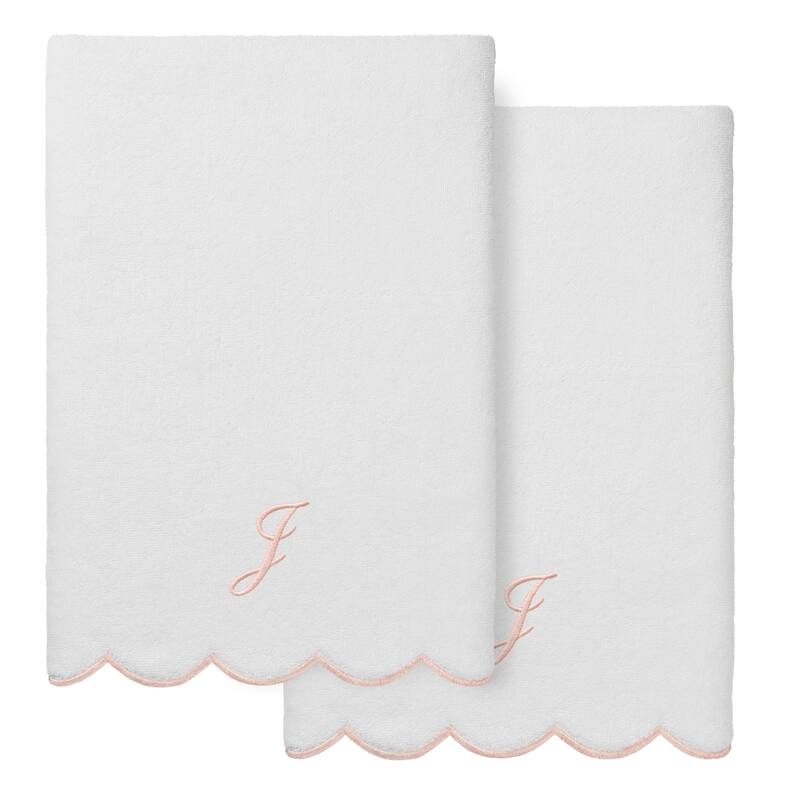 Authentic Hotel and Spa 100% Turkish Cotton Pink ADORNIA Scallop Personalized 2 Piece Bath Towel Set - 2 Bath Towels - J