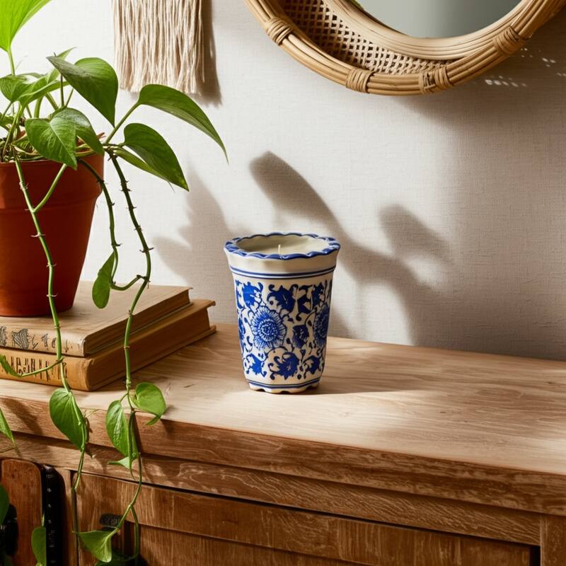 Modern Chinoiserie Ceramic Candle - Jasmine Scented Candle - 5.0" - Blue/ White
