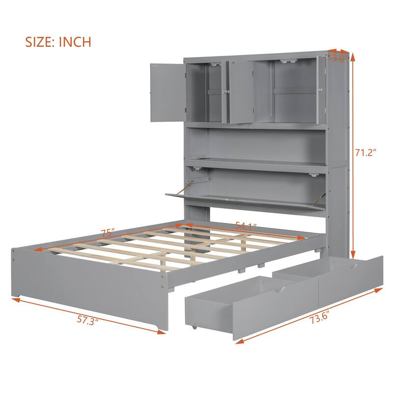 Full Size Platform Bed with Flip-Up Headboard Storage, USB Outlets, and Drawers