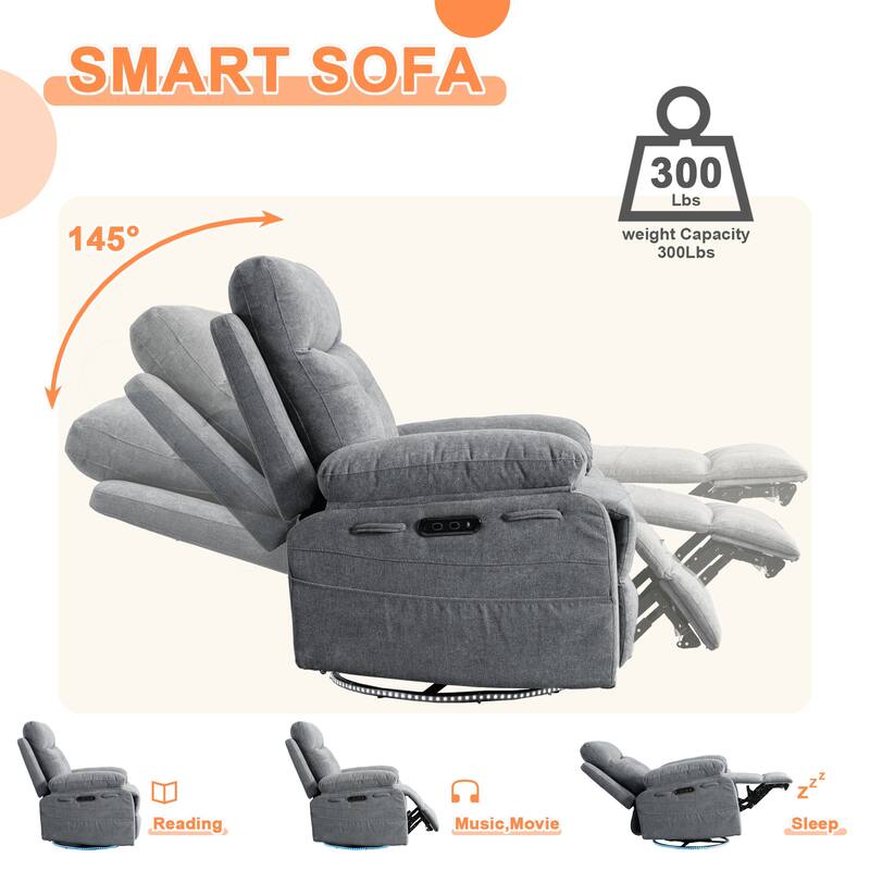 Power Recliner Glider Chair With Bluetooth Speaker 270 Degree Swivel With LED Light Side Arm With Storage Pockets