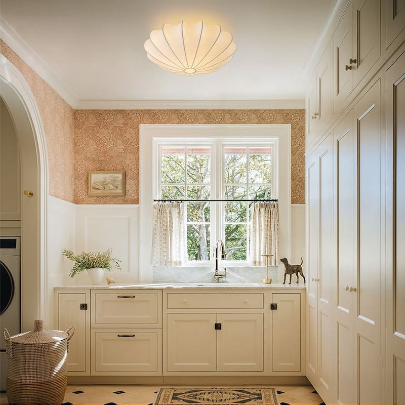 Modern Mid-century White Silk Shade Semi Flush Ceiling Light